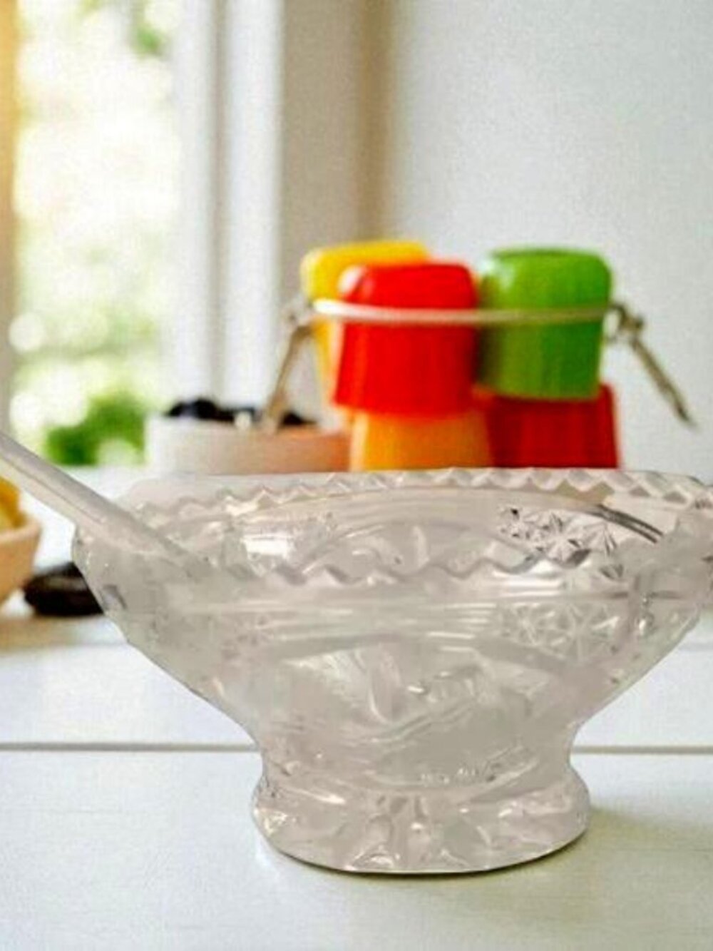Saw Tooth Hand Cut Crystal Jam Dish & Spoon